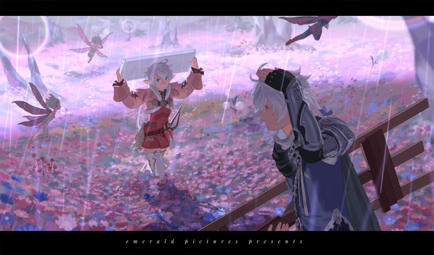 2boys, ahoge, armor, arms_up, belt, belt_bag, black_border, black_cape, black_gloves, black_shirt, blue_eyes, blue_tunic, border, bracer, bridge, brown_belt, brown_ribbon, cape, character_request, clenched_teeth, commentary, cropped_jacket, dandelion, emmmerald, english_commentary, english_text, fairy, field, final_fantasy, final_fantasy_xiv, fingerless_gloves, flower, flower_field, forest, full_body, fur-trimmed_jacket, fur_trim, gloves, grin, hand_on_own_head, holding_board, jacket, lens_flare, letterboxed, long_sleeves, looking_at_another, male_focus, multiple_boys, nature, object_on_head, outdoors, pauldrons, pink_flower, pink_jacket, pointy_ears, potion, rain, red_shirt, red_shorts, ribbon, shadow, shirt, short_hair, shorts, shoulder_armor, smile, studded_gloves, teeth, thigh-highs, tree, upper_body, v-shaped_eyebrows, walking, wet, white_hair, white_thighhighs, wrist_ribbon, zettai_ryouiki