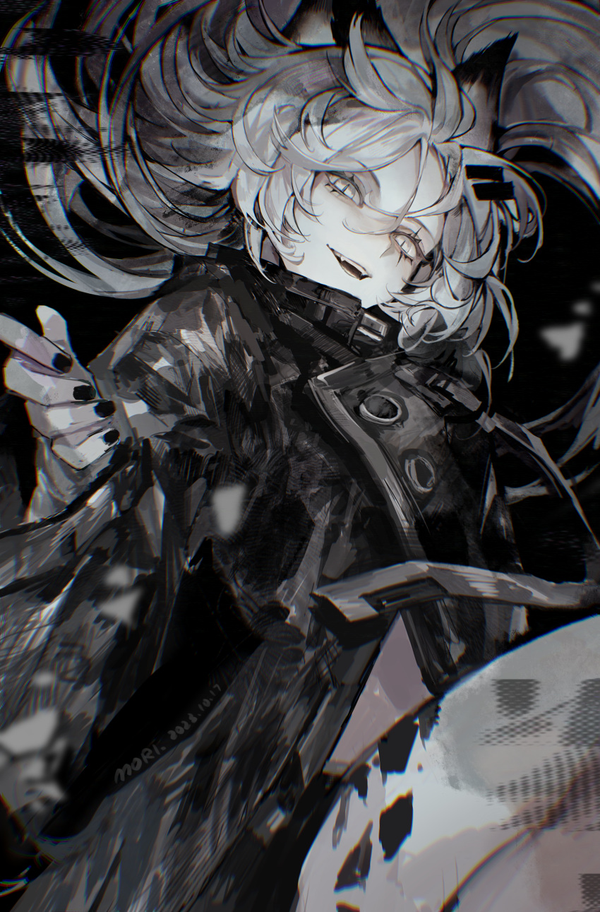 1girl, absurdres, arknights, black_background, black_coat, black_nails, black_shorts, coat, commentary, fangs, floating_hair, grey_eyes, grey_hair, grin, hand_up, highres, lappland_(arknights), long_hair, long_sleeves, looking_at_viewer, moriiii, open_mouth, oripathy_lesion_(arknights), scar, scar_across_eye, shorts, simple_background, slit_pupils, smile, solo, symbol-only_commentary, wolf_girl