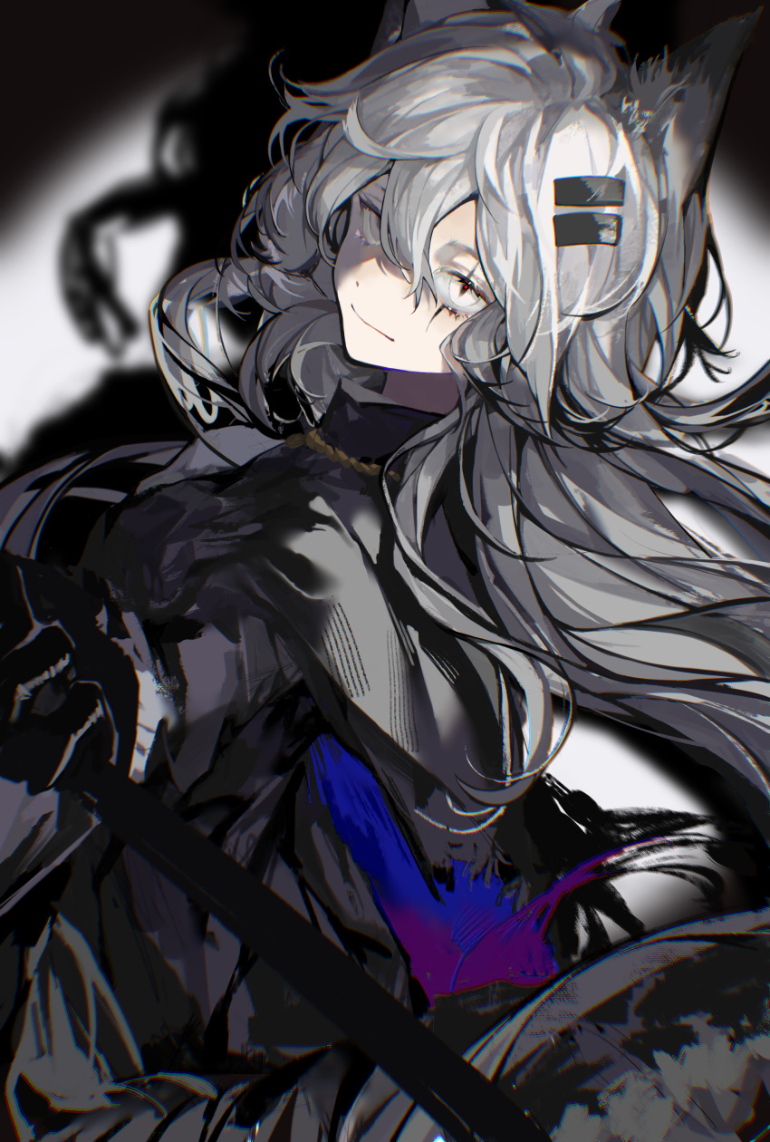 1girl, absurdres, animal_ears, arknights, black_coat, black_gloves, closed_mouth, coat, commentary, cowboy_shot, gloves, grey_eyes, grey_hair, highres, holding, lappland_(arknights), long_hair, long_sleeves, looking_at_viewer, moriiii, scar, scar_across_eye, slit_pupils, solo, symbol-only_commentary, very_long_hair, wolf_ears, wolf_girl