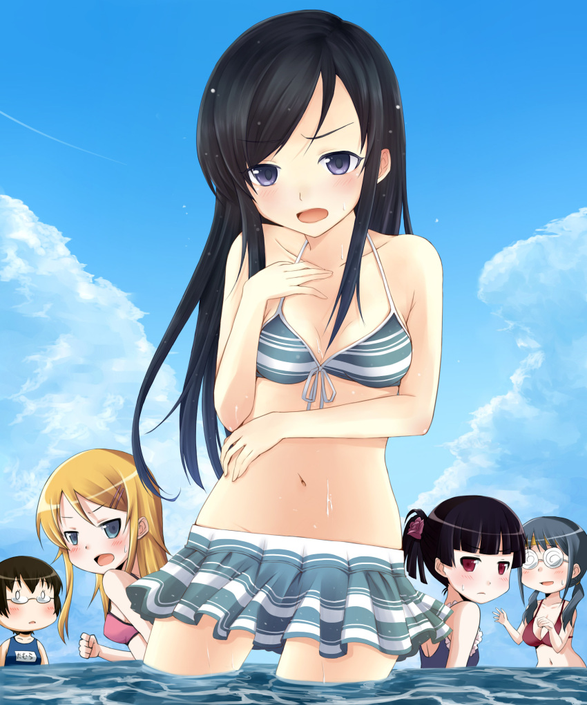 aragaki_ayase, beach, bikini, black_hair, blue_eyes, glasses, gokou_ruri, hair_ornament