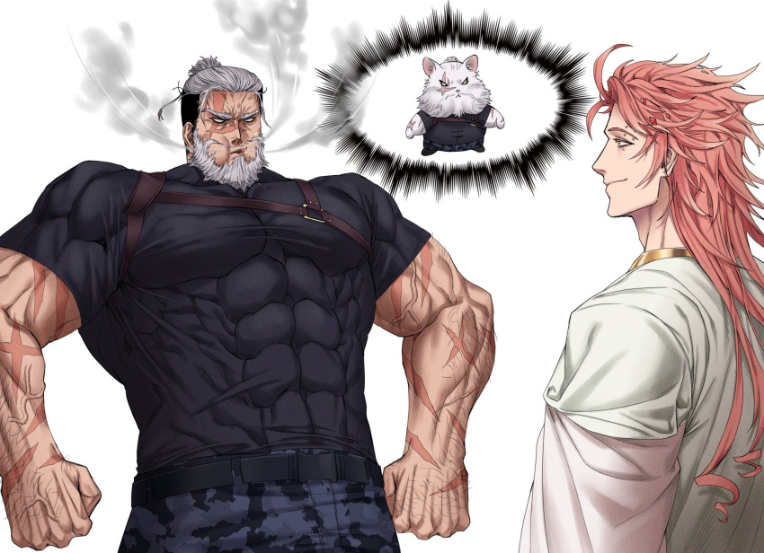 2boys, abs, apollo_(shuumatsu_no_valkyrie), beard, biceps, black_hair, camouflage, camouflage_pants, cigarette, compression_shirt, dobek_k, eyebrow_piercing, facial_hair, feet_out_of_frame, gem, hairy, hamster, highres, inhaling, large_pectorals, leather, leather_belt, leonidas_(shuumatsu_no_valkyrie), long_hair, looking_at_another, male_focus, manly, mature_male, multicolored_hair, multiple_boys, muscular, muscular_male, pants, pectorals, piercing, pink_hair, scar, short_hair, shuumatsu_no_valkyrie, simple_background, smile, smoke, smoking, spiky_hair, thick_arms, thick_eyebrows, toga, veins, white_background, white_hair, yellow_eyes