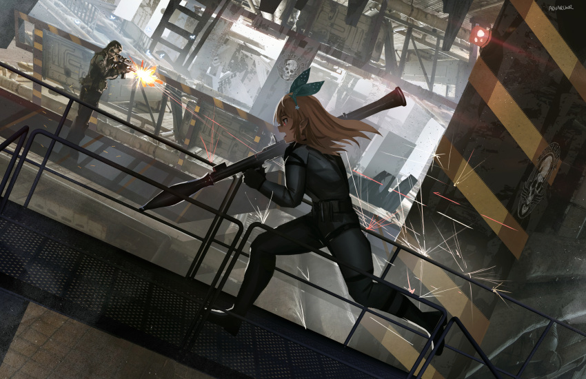 1boy, 1girl, absurdres, advarcher, assault_rifle, battle, blonde_hair, commentary, cosplay, eyepatch, firing, green_ribbon, gun, hair_ribbon, highres, holding, holding_gun, holding_weapon, industrial, long_hair, metal_gear_(series), metal_gear_1, metal_gear_solid_v:_the_phantom_pain, muzzle_flash, nijisanji, nijisanji_en, open_mouth, pointy_ears, pomu_rainpuff, railing, red_eyes, ribbon, rifle, rocket_launcher, rpg-7, rpg_(weapon), running, scope, solid_snake, solid_snake_(cosplay), standing, venom_snake, virtual_youtuber, weapon