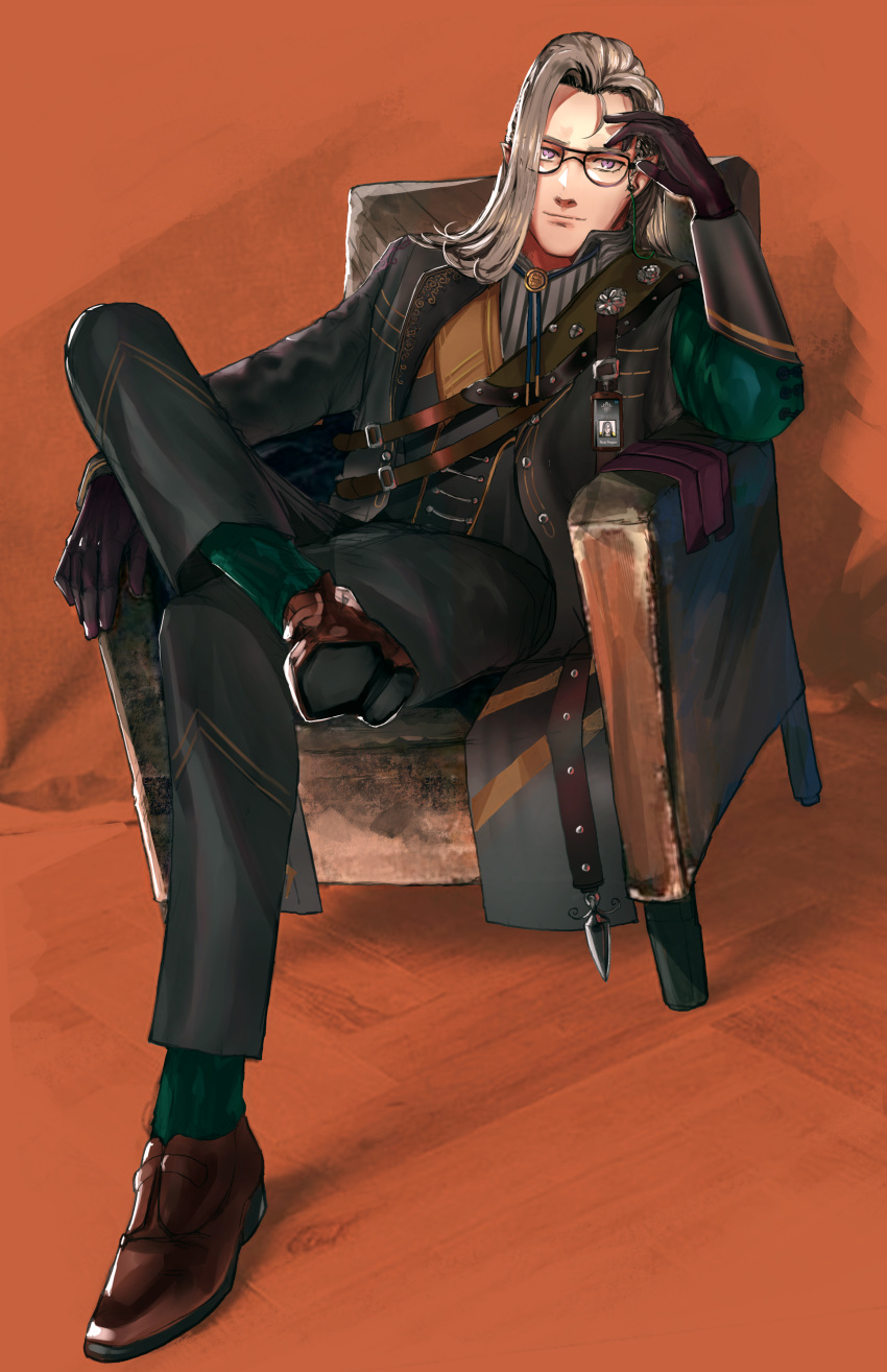 1boy, absurdres, advarcher, armchair, belt, black_belt, black_gloves, black_hair