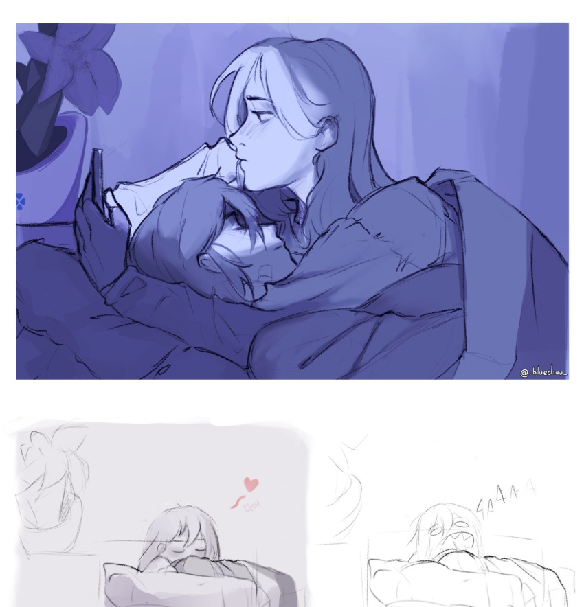 2girls, alternate_universe, ariane_yeong, bandaid, bandaid_on_face, bed, bed_sheet, biting