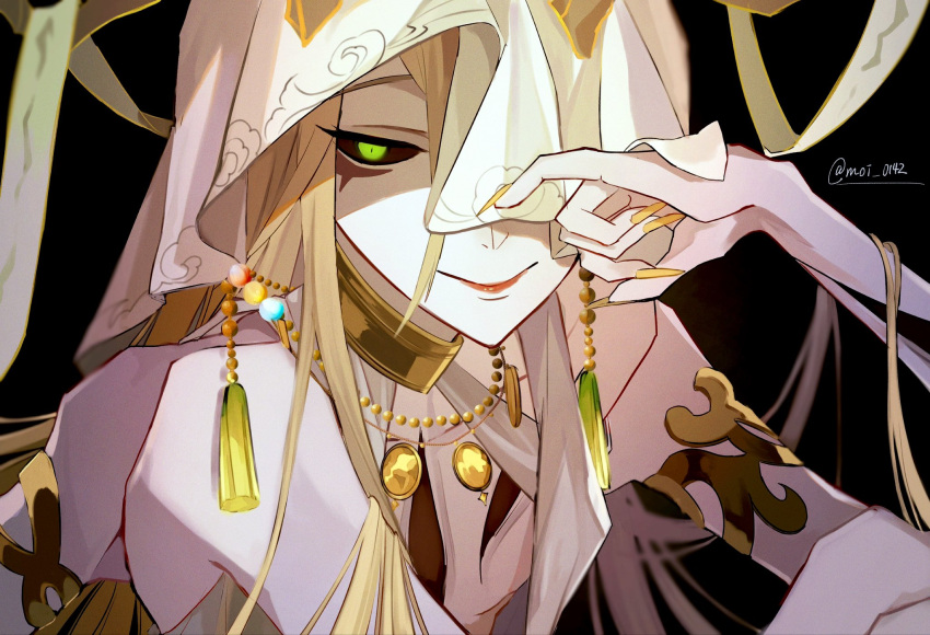 1other, androgynous, antlers, armlet, black_background, black_sclera, blonde_hair, closed_mouth