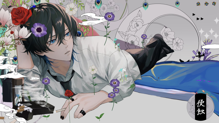 1boy, amn_ic01, anemone_(flower), between_fingers, black_hair, black_nails, black_necktie, black_pants