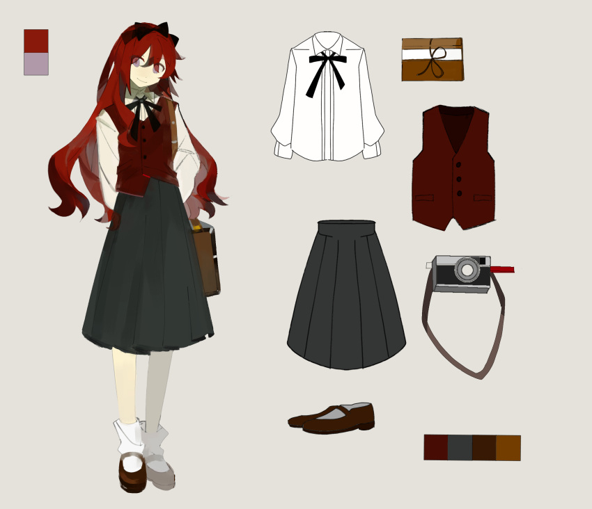 1girl, absurdres, ankle_socks, black_bow, black_bowtie, black_skirt, bow, bowtie