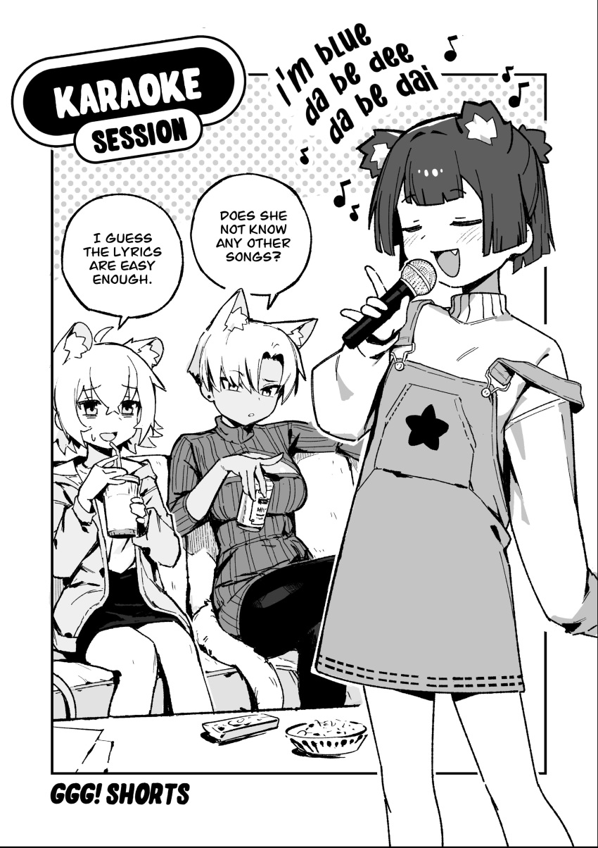 3girls, absurdres, ahoge, animal_ear_fluff, animal_ears, asymmetrical_bangs, blue_(eiffel_65), bowl