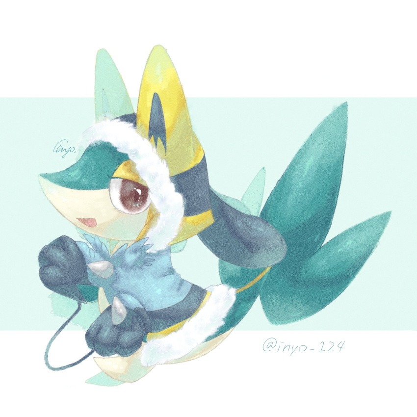 alternate_color, animal_focus, animal_hands, animal_hood, artist_name, black_gloves, blue_background, clothed_pokemon