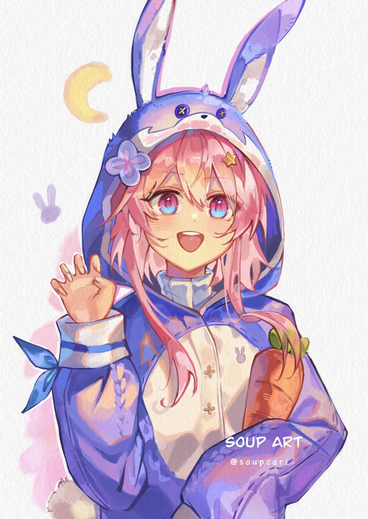 1girl, alternate_costume, animal_ears, artist_name, blue_eyes, blush, carrot, fake_animal_ears