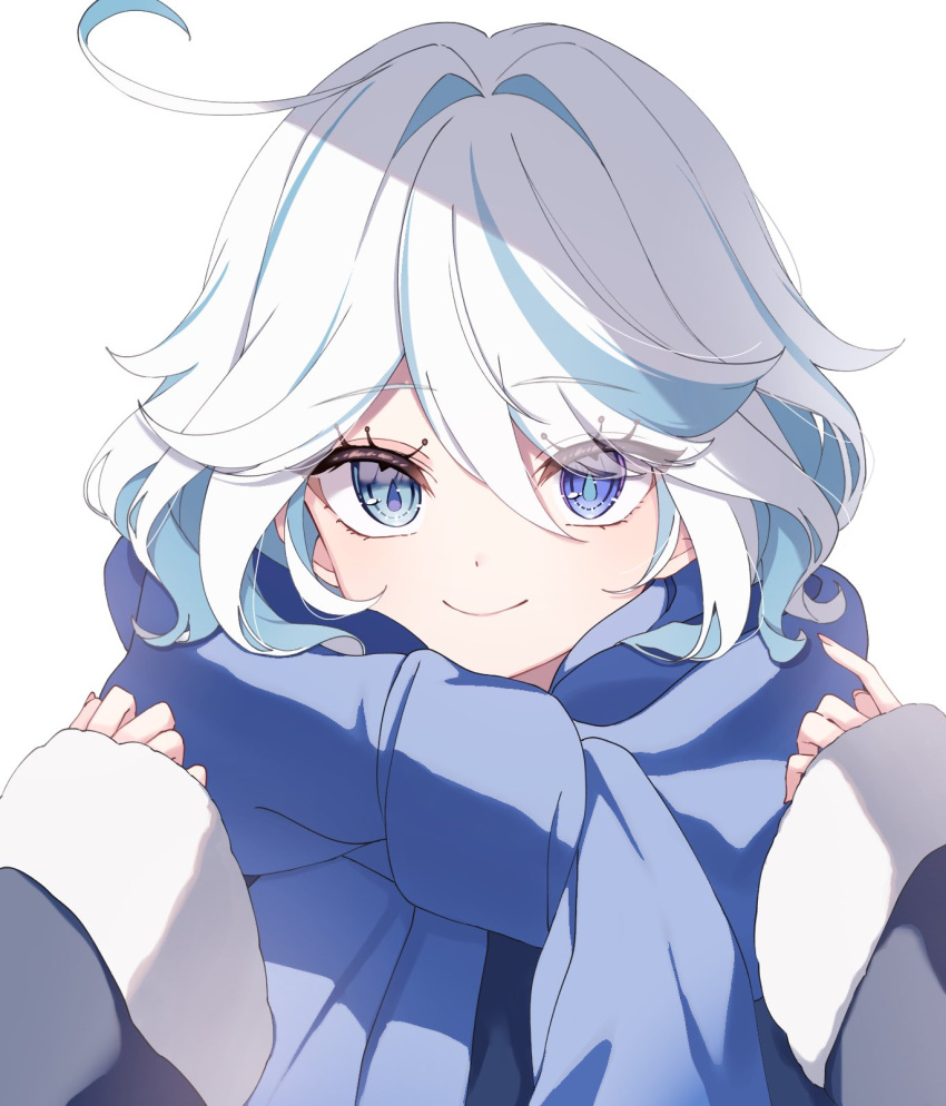 1girl, blue_eyes, blue_hair, blue_scarf, closed_mouth, furina_(genshin_impact), genshin_impact, hair_between_eyes