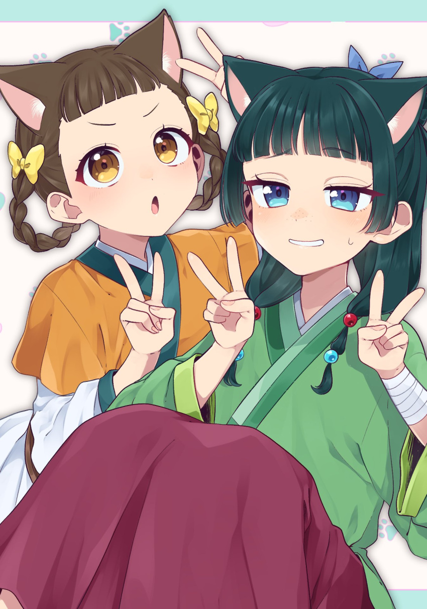 2girls, animal_ears, bandaged_arm, bandages, blue_eyes, brown_hair, cat_ears, chinese_clothes