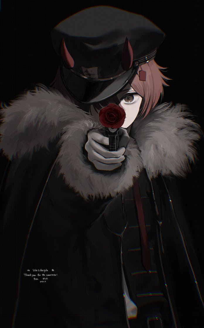 1boy, black_background, black_coat, black_headwear, brown_eyes, brown_hair, chromatic_aberration, coat