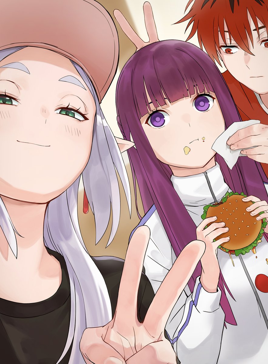 1boy, 2girls, baseball_cap, black_shirt, burger, closed_mouth, commentary, contemporary, earrings, fern_(sousou_no_frieren), food, food_on_face, frieren, green_eyes, grey_hair, hat, highres, holding, holding_food, jacket, jewelry, justnoita, long_hair, multiple_girls, napkin, outdoors, pointy_ears, purple_hair, red_eyes, redhead, selfie, shirt, short_hair, smile, smug, sousou_no_frieren, stark_(sousou_no_frieren), track_jacket, v_over_head, very_long_hair, violet_eyes, white_jacket, wiping_face