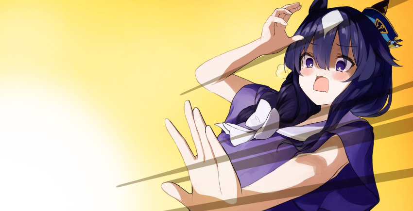 1girl, animal_ears, blush, bow, bowtie, butterwabito, hair_between_eyes, highres, horse_ears, horse_girl, kaiba's_defeat_(meme), long_hair, meme, purple_shirt, shirt, simple_background, solo, surprised, umamusume, upper_body, verxina_(umamusume), violet_eyes, wavy_mouth, white_bow, white_bowtie, yellow_background