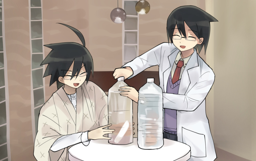 2boys, ahoge, black_hair, black_pants, blush, bottle, brothers, closed_eyes