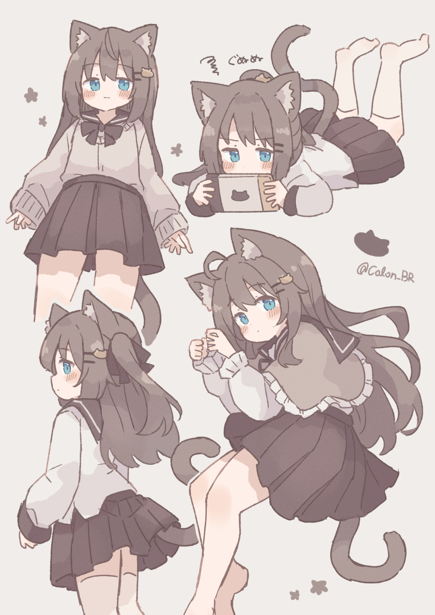 absurdres, animal_ears, artist_name, biachan, blue_eyes, brown_hair, brown_skirt, cat_ears