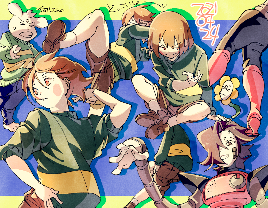 >_<, 1other, 2boys, arm_support, asriel_dreemurr, black_hair, blue_pants, blush_stickers