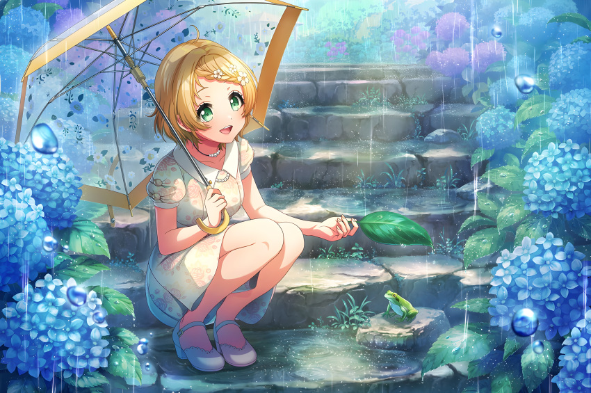 blonde_hair, d4dj, dress, green_eyes, sakurada_miyu, short_hair, smile