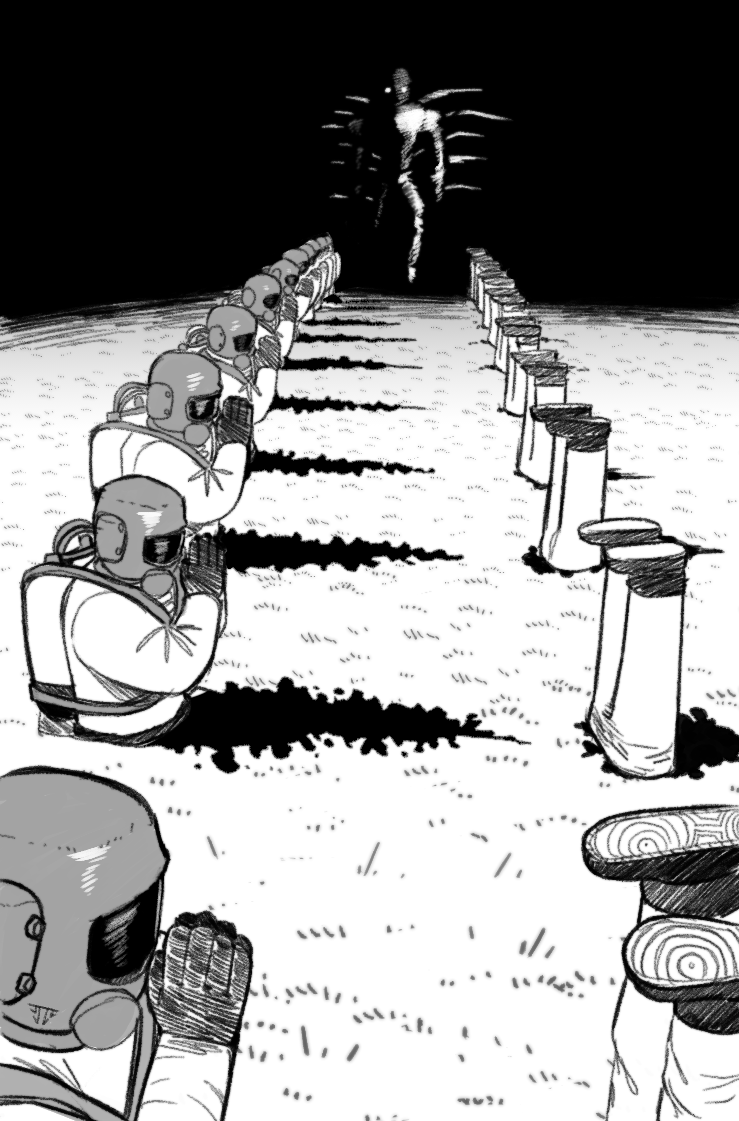 6+others, bodysuit, bracken_(lethal_company), chainsaw_man, commentary, english_commentary, gloves, greyscale