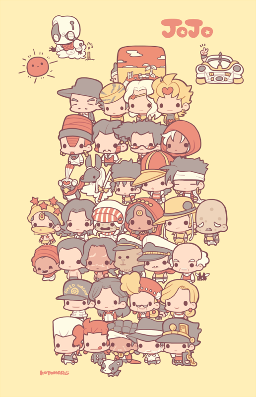 6+boys, 6+girls, alessi, animal, animal_print, ankh, anubis_(stand), bald, bird, black_hair, black_headwear, black_tank_top, boingo, bug, chibi, chibi_only, daniel_j._d'arby, dog, dreadlocks, earrings, enya_geil, everyone, expressionless, facial_hair, fangs, flattop, fly, forever_(jojo), freckles, full_body, gray_fly_(jojo), hol_horse, hood, iggy_(jojo), imposter_captain_tennille, j._geil, jean_pierre_polnareff, jewelry, jojo_no_kimyou_na_bouken, joseph_joestar, kakyoin_noriaki, kenny_g, kotorai, kujo_holy, kujo_jotaro, licking_lips, liver_spots, malena_(jojo), mannish_boy, midler, mohammed_avdol, multiple_boys, multiple_girls, mustache, n'doul, nukesaku, oingo, old, old_man, old_woman, open_mouth, overalls, pet_shop, red-tinted_eyewear, red_hood, red_shirt, redhead, runaway_girl_(jojo), shirt, signature, smile, solid_oval_eyes, star_(symbol), stardust_crusaders, tank_top, terence_t._d'arby, tiger_print, tinted_eyewear, tongue, tongue_out, vanilla_ice, veil, white_hair, white_overalls, wilson_philips, yellow_background, yellow_headwear