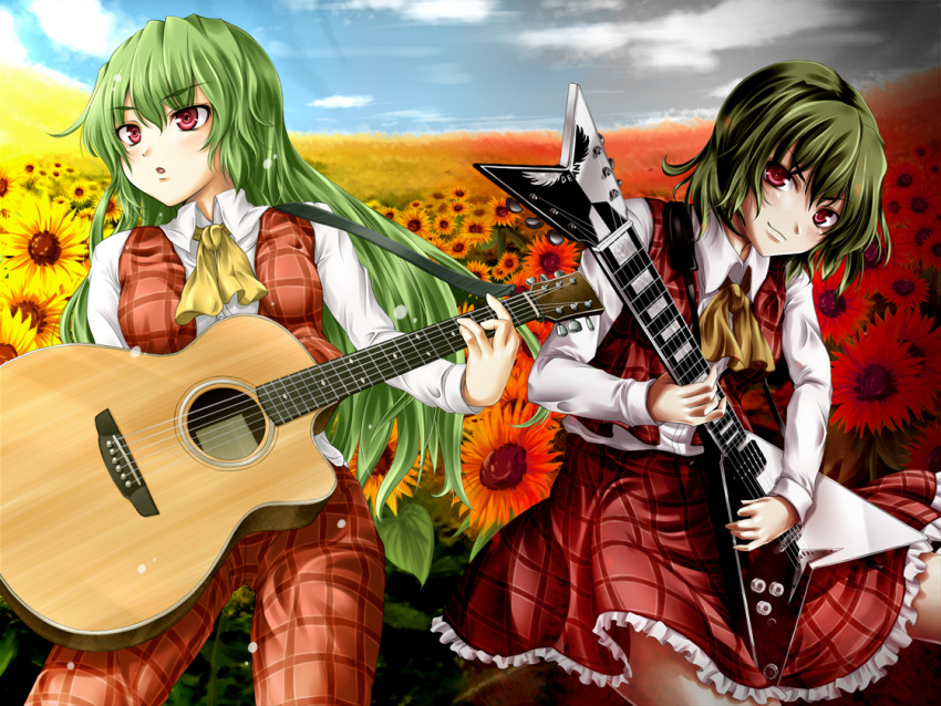 acoustic_guitar, ascot, dual_persona, flower, flower_field, green_hair, guitar, instrument
