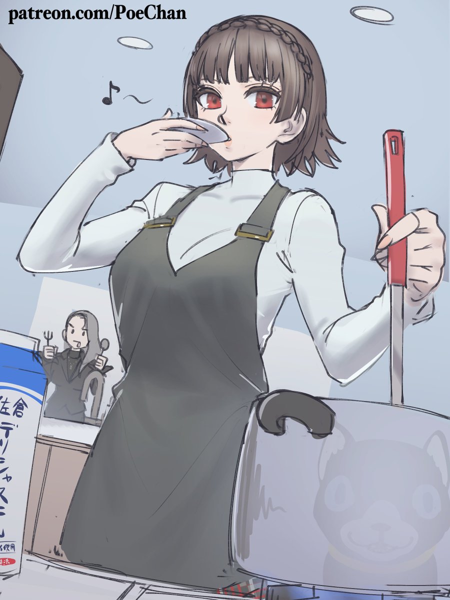 2girls, apron, black_apron, black_suit, braid, brown_hair, cat, cooking, crown_braid, faucet, fork, highres, humming, kitchen, looking_at_viewer, milk_carton, morgana_(persona_5), multiple_girls, musical_note, niijima_makoto, niijima_sae, patreon_username, persona, persona_5, plaid, plaid_skirt, plate, pleated_skirt, poechan_chan, red_eyes, reflection, school_uniform, shirt, short_hair, shuujin_academy_school_uniform, siblings, sisters, sixteenth_note, skirt, spoon, stove, suit, tasting, tasting_plate, web_address, white_shirt