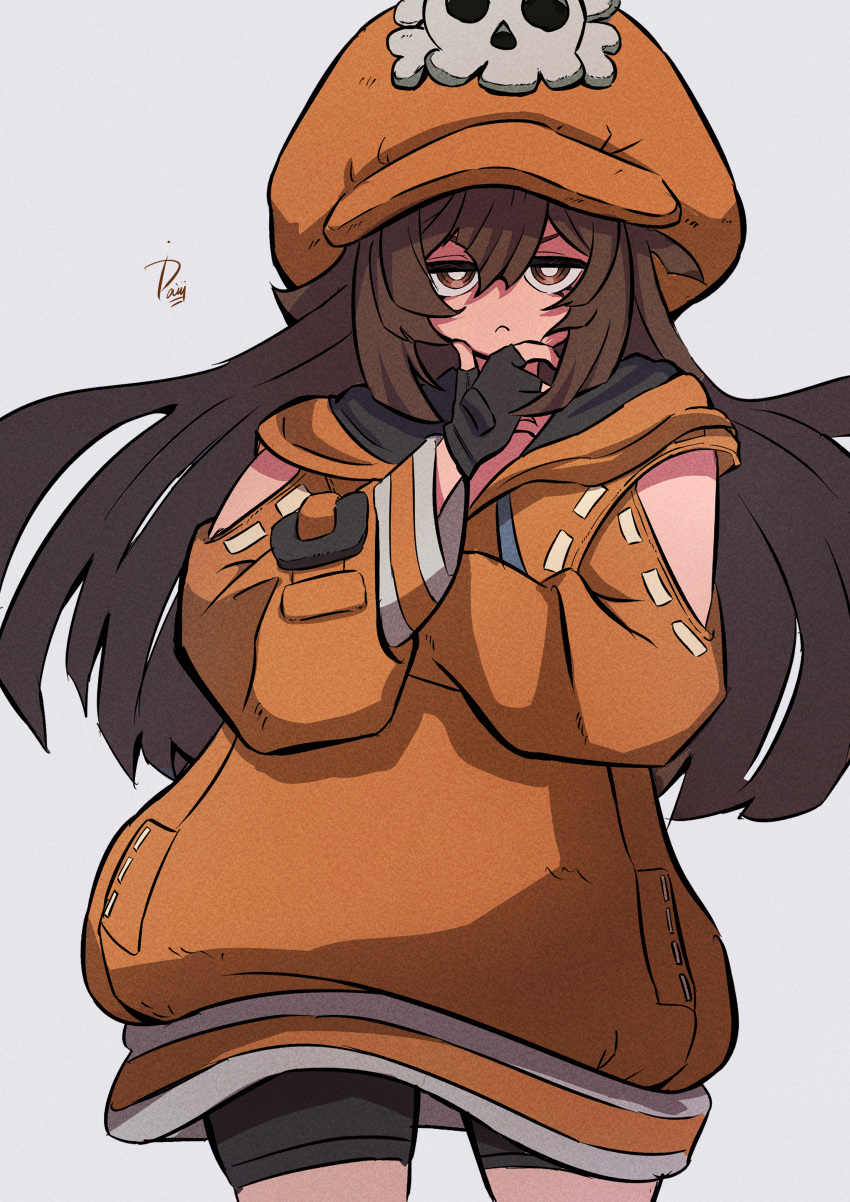 1girl, absurdres, baggy_clothes, black_shorts, brown_eyes, brown_hair, cabbie_hat, closed_mouth