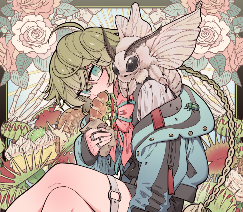 1other, ahoge, ant, blue_eyes, blue_jacket, bug, cake, cake_slice