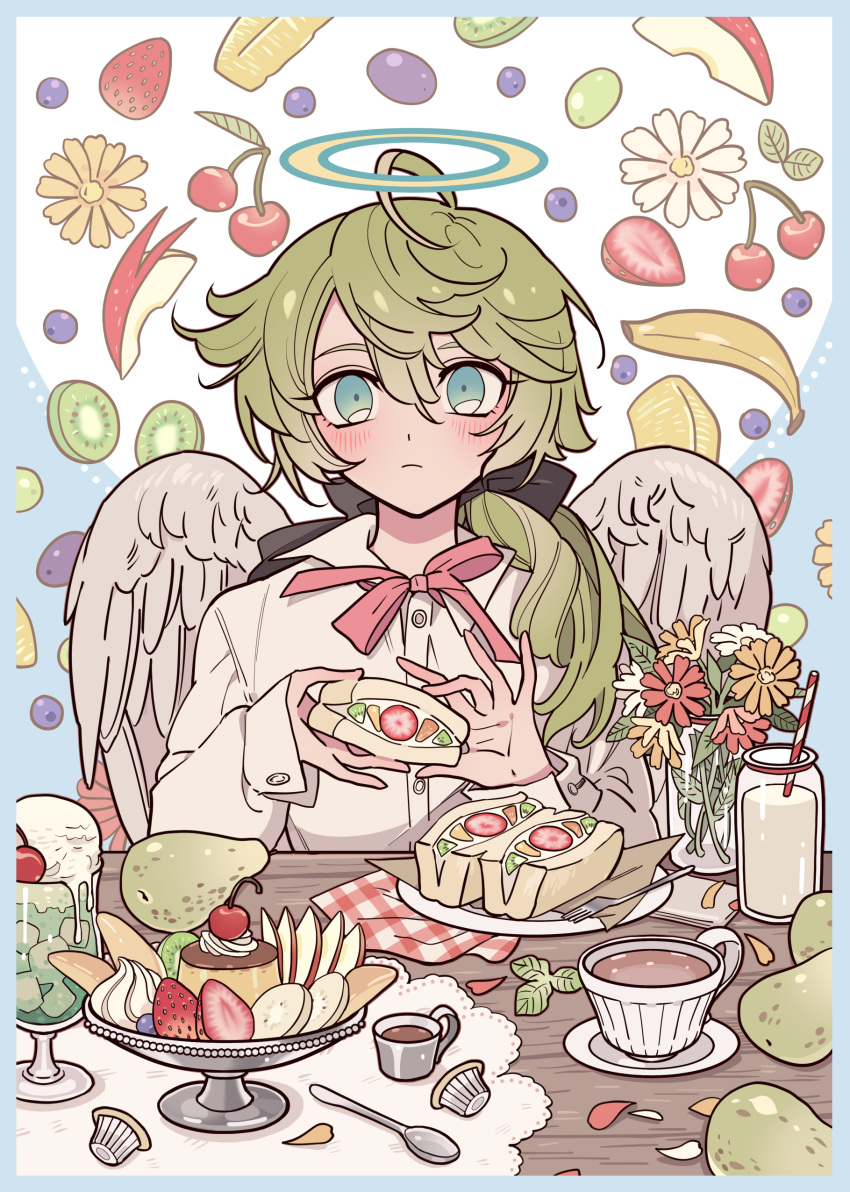 1other, absurdres, ahoge, angel, angel_wings, apple, apple_rabbit, aqua_eyes