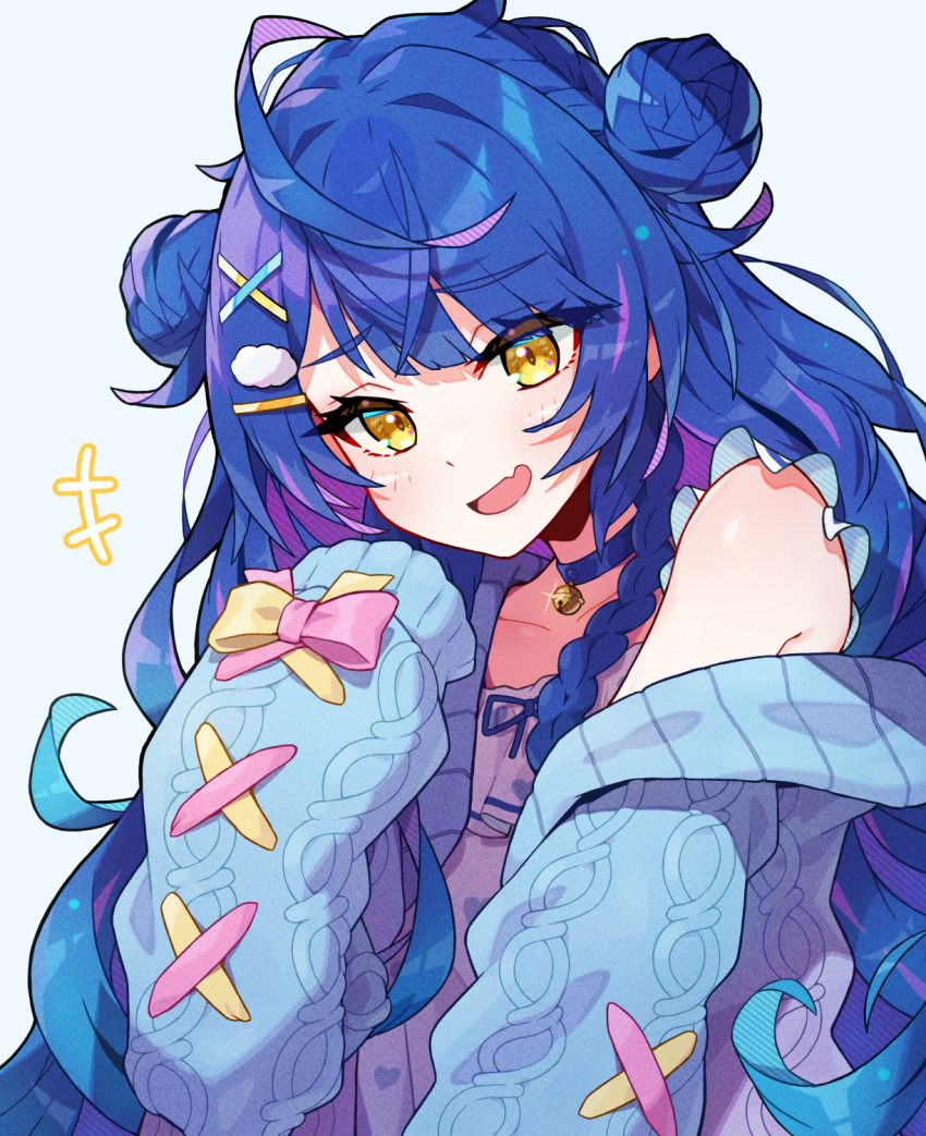 +++, 1girl, ahoge, amamiya_kokoro, bare_shoulders, bell, blue_cardigan, blue_choker, blue_hair, blush, cardigan, choker, commentary, double_bun, frilled_sleeves, frills, hair_bun, hair_ornament, hand_up, highres, jingle_bell, long_hair, long_sleeves, looking_at_viewer, muco_lita, multicolored_hair, neck_bell, nijisanji, off_shoulder, open_cardigan, open_clothes, open_mouth, purple_hair, shirt, short_sleeves, simple_background, sleeves_past_fingers, sleeves_past_wrists, smile, solo, streaked_hair, twintails, upper_body, very_long_hair, virtual_youtuber, white_background, white_shirt, x_hair_ornament, yellow_eyes