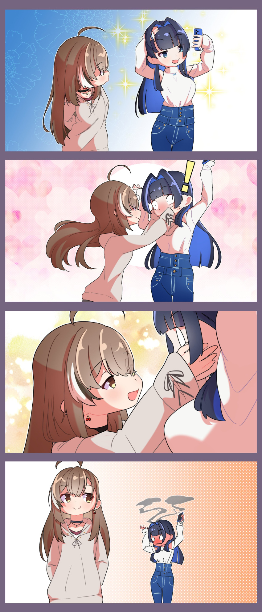 0_0, 2girls, absurdres, ahoge, arms_up, black_hair, blue_eyes, blue_hair