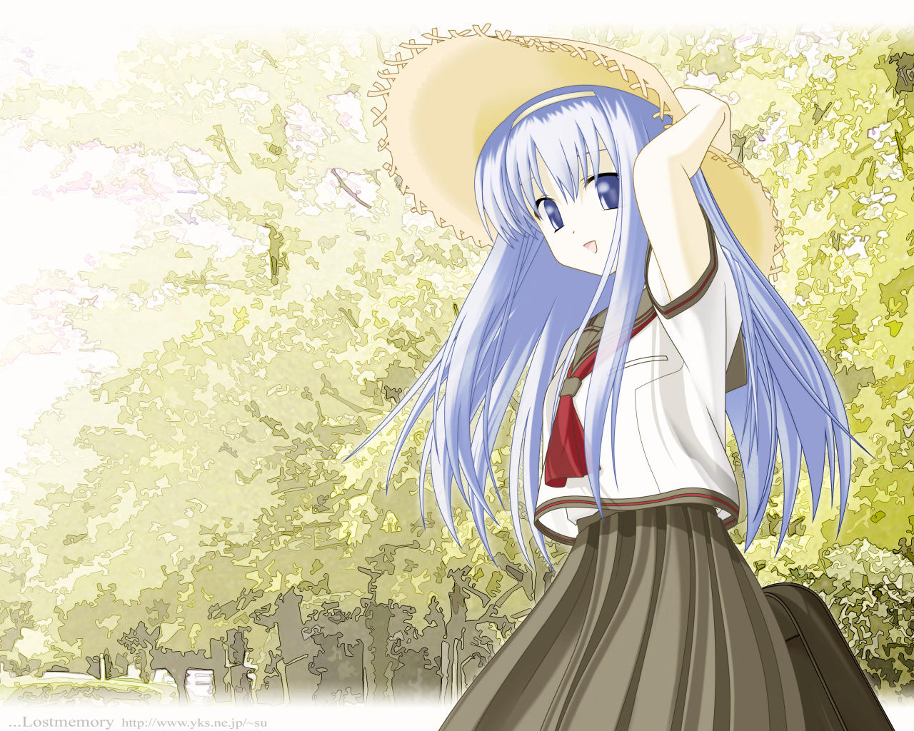 blue_hair, forest, hat, kazoku_keikaku, long_hair, nature, school_uniform, serafuku