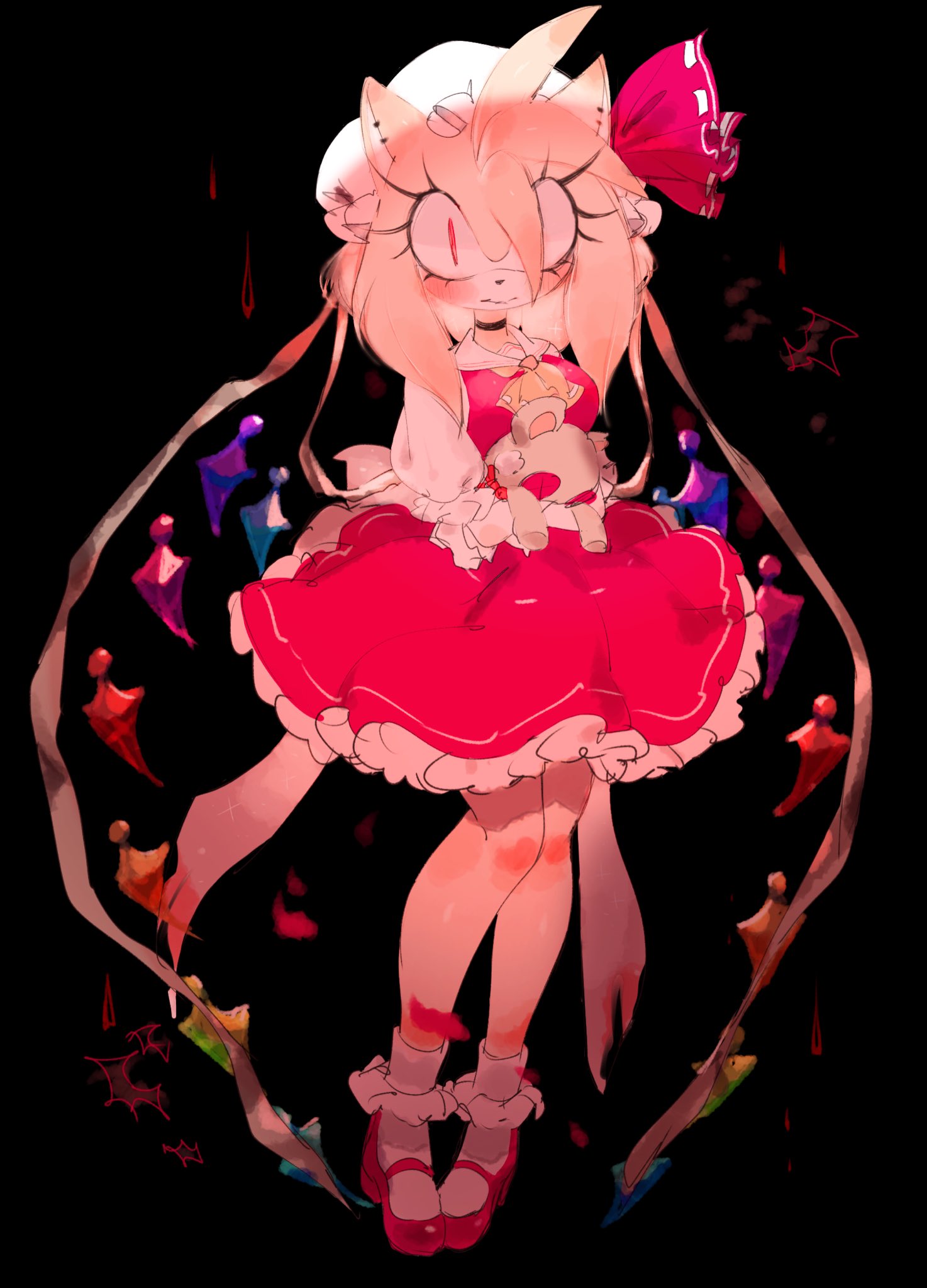 1girl, amy_rose, animal_ears, ascot, black_background, blonde_hair, cosplay, crystal_wings