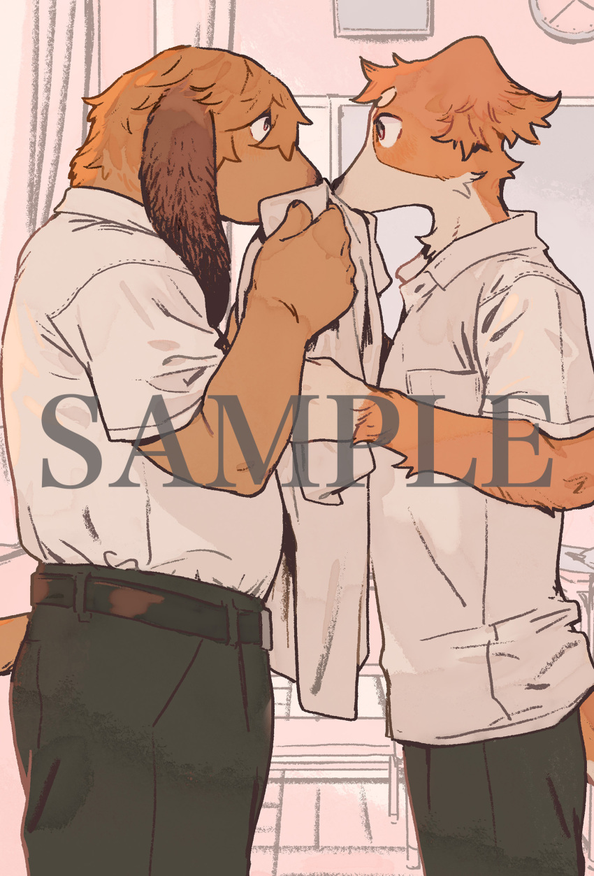 2boys, animal_ears, belt, black_belt, black_pants, classroom, commentary_request, dog_boy