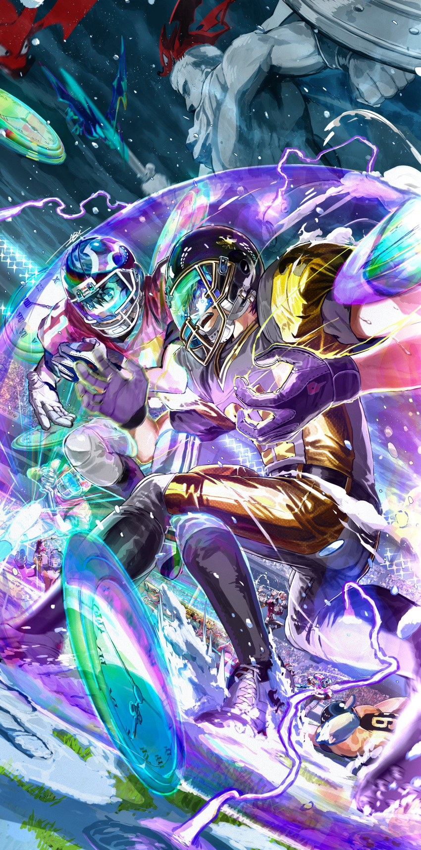 2boys, absurdres, american_football_helmet, american_football_uniform, black_gloves, clenched_teeth, clock, dutch_angle