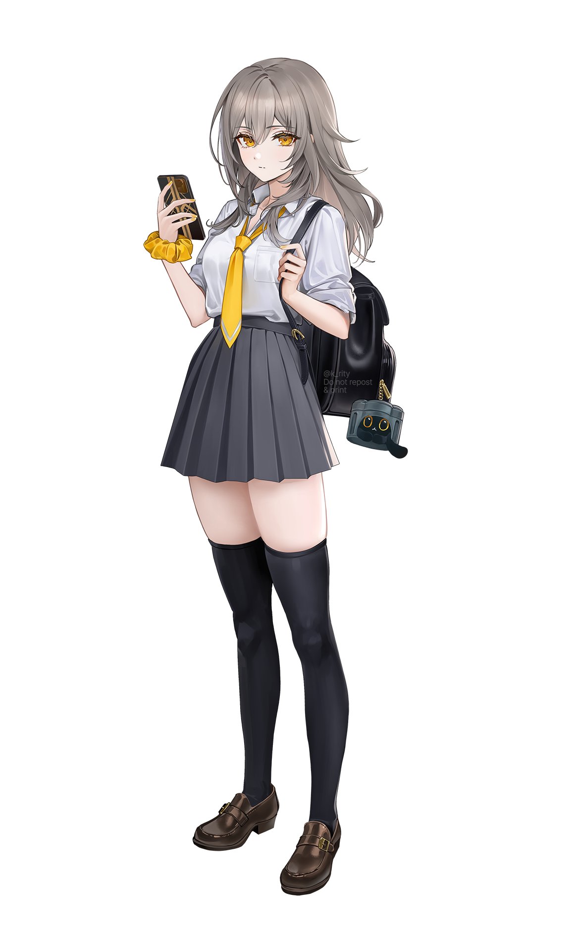 1girl, alternate_costume, backpack, bag, black_footwear, black_skirt, black_thighhighs, cellphone