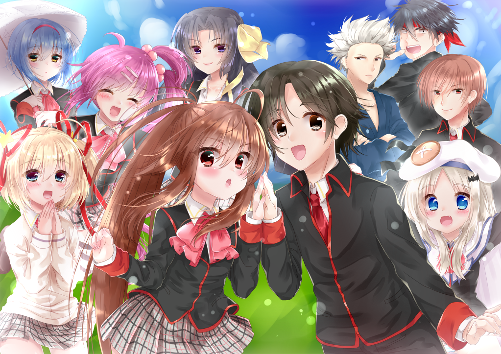 4boys, 6+girls, :d, ^_^, ahoge, aqua_eyes, arm_at_side, beret, black_eyes, black_hair, black_jacket, blonde_hair, blue_eyes, blue_hair, blush, bow, brown_hair, cape, closed_eyes, closed_mouth, commentary_request, cowboy_shot, everyone, eyelashes, eyes_visible_through_hair, facing_viewer, fang, floating_hair, grey_hair, grey_skirt, hair_between_eyes, hair_bow, hair_ornament, hair_ribbon, hairclip, hand_up, haruse_meio, hat, holding, holding_umbrella, inohara_masato, jacket, kamikita_komari, kurugaya_yuiko, little_busters!, little_busters!_school_uniform, long_hair, long_sleeves, looking_at_viewer, miniskirt, miyazawa_kengo, multiple_boys, multiple_girls, naoe_riki, natsume_kyousuke, natsume_rin, nishizono_mio, noumi_kudryavka, one_side_up, open_mouth, own_hands_clasped, own_hands_together, pink_bow, plaid, plaid_skirt, ponytail, purple_hair, red_eyes, red_ribbon, ribbon, saigusa_haruka, school_uniform, short_hair, side_ponytail, sidelocks, simple_background, skirt, sleeves_past_wrists, smile, spiky_hair, star_(symbol), star_hair_ornament, sweater, two_side_up, umbrella, very_long_hair, violet_eyes, white_cape, white_headwear, yellow_bow, yellow_eyes, yellow_ribbon, yellow_sweater