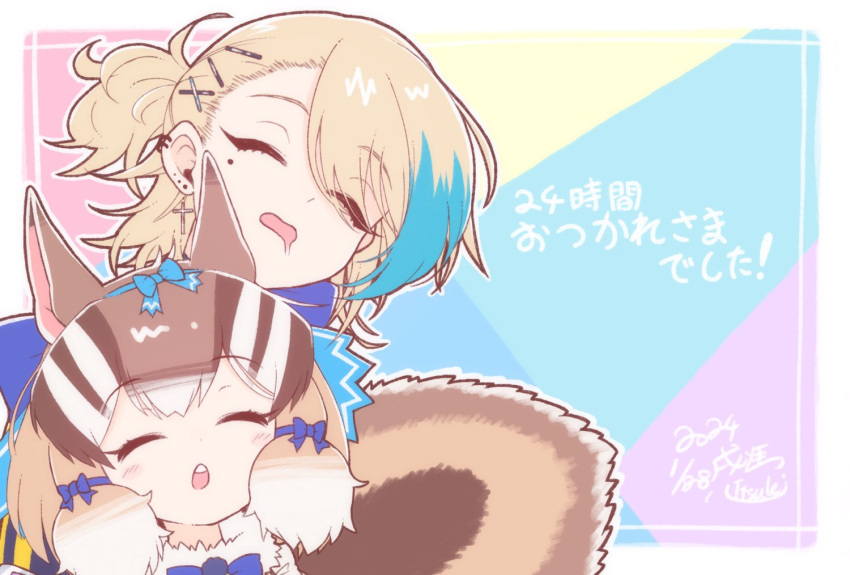 2girls, animal_ears, blonde_hair, brown_hair, chipmunk_ears, chipmunk_girl, chipmunk_tail, earrings