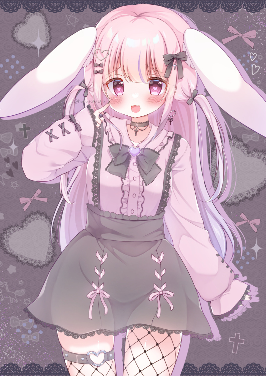 1girl, :3, :d, animal_ears, black_skirt, cowboy_shot, fishnet_thighhighs, fishnets, grey_background, hanasaki_chiyu, hanasakichu, heart, heart-shaped_pupils, highres, indie_virtual_youtuber, jirai_kei, long_sleeves, pink_eyes, pink_hair, rabbit_ears, skirt, smile, symbol-shaped_pupils, thigh-highs, thighs, two_side_up, virtual_youtuber
