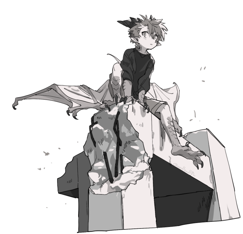 1boy, animal_feet, animal_hands, between_legs, child, claws, dragon_boy, dragon_horns