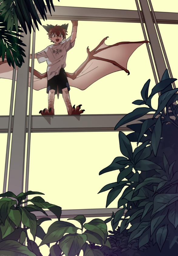 1boy, animal_feet, animal_hands, arm_up, black_horns, black_shorts, brown_eyes, brown_hair