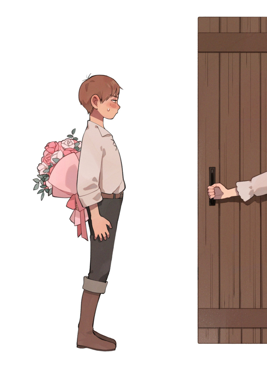 1boy, absurdres, arm_at_side, belt, black_pants, blush, boots, bouquet