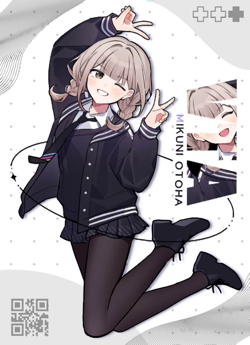 +++, 1girl, ;d, black_footwear, black_jacket, black_necktie, black_pantyhose, black_skirt