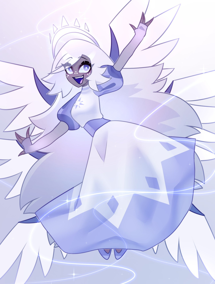 angel, angel_wings, colored_skin, dark-skinned_female, dark_skin, dress, emily_(hazbin_hotel), fingerless_gloves