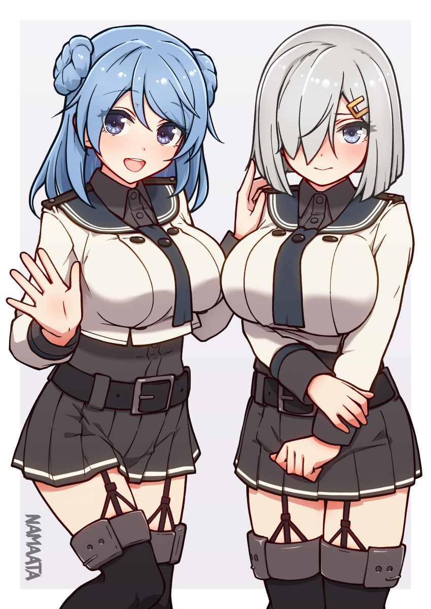 2girls, absurdres, alternate_costume, belt, black_belt, black_necktie, black_sailor_collar, black_skirt, blue_eyes, blue_hair, blue_neckerchief, blush, breasts, buttons, cosplay, cowboy_shot, double-breasted, double_bun, dress_shirt, embarrassed, garter_straps, grey_eyes, grey_hair, hair_bun, hair_ornament, hair_over_one_eye, hairclip, hamakaze_(kancolle), highres, kantai_collection, large_breasts, long_sleeves, looking_at_viewer, medium_hair, miniskirt, multiple_girls, namaata, neckerchief, necktie, noshiro_(kancolle), noshiro_kai_ni_(kancolle), noshiro_kai_ni_(kancolle)_(cosplay), open_mouth, pleated_skirt, sailor_collar, sailor_shirt, school_uniform, serafuku, shirt, short_hair, skirt, smile, urakaze_(kancolle)