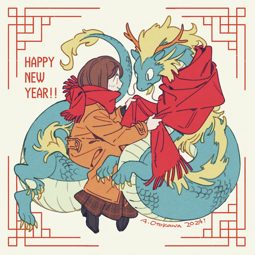 1girl, 2024, adjusting_clothes, adjusting_scarf, artist_name, brown_hair, brown_skirt, chinese_zodiac, closed_mouth, coat, dated, dragon, eastern_dragon, english_text, full_body, hands_up, happy_new_year, highres, long_coat, long_sleeves, looking_at_another, new_year, orange_coat, original, otokawa_akari, plaid, plaid_skirt, pleated_skirt, red_scarf, scarf, sitting, skirt, smile, solo, year_of_the_dragon