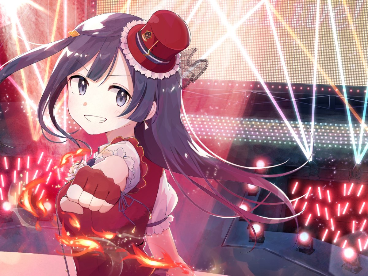 1girl, black_hair, chase!_(love_live!), clenched_hand, earrings, fingerless_gloves, fire, gloves