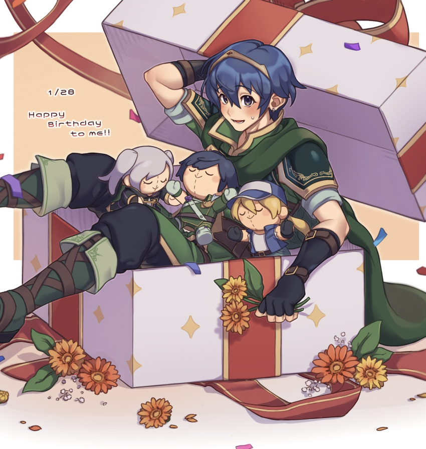 1boy, arm_behind_head, armor, blue_hair, boots, box, breastplate, cape