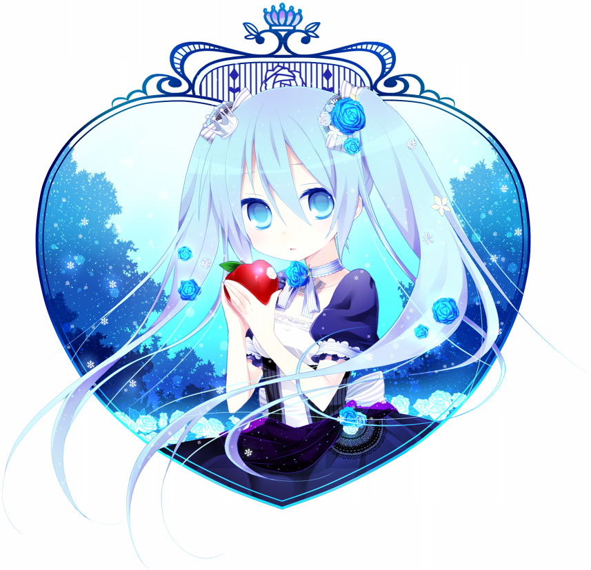 apple, blue_eyes, blue_hair, blue_rose, choker, crown, dress, flower